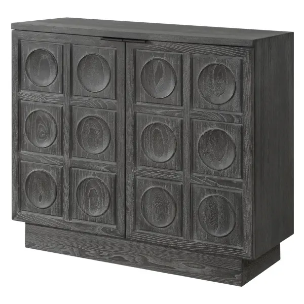 A Two Door Cabinet Featuring A Striking Carved Circular Design, Constructed From Solid Elm And Elm Veneer. The Rich Ebony Stain Highlights The Dramatic Wood Grain. Two Complementing Solid Iron Door Pulls Make For Stylish And Effortless Functionality. Has One Interior Adjustable Shelf. Collection: Shelby Designer: Jim Parsons Finish: Ebony Stain Width: 39.40" Height: 34.00" Length: 16.00" Weight: 90.20 lb Material: Elm, Plywood, Elm Veneer Country of Origin: Vietnam Safety Rating: Indoor Only