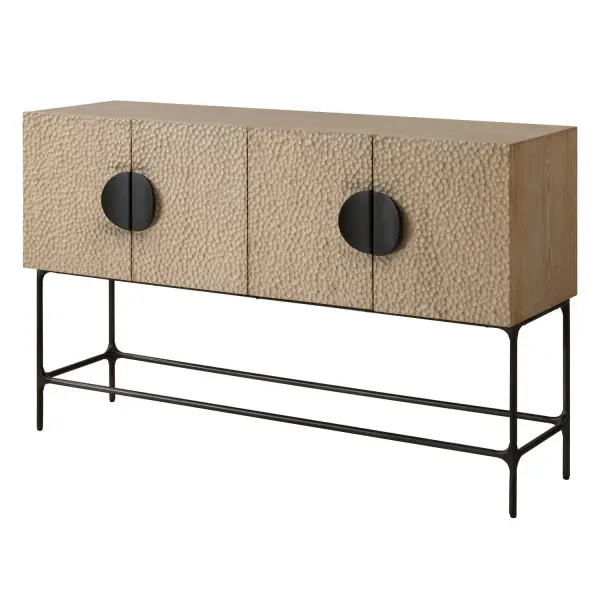 Unique In Design And Function This Four Door Cabinet Can Be Used As A Sideboard, Media Unit, Or Console Cabinet. Crafted From Beautiful Elm Veneer Which Display Deep Rich Grains Highlighting All The Cabinets Intricate Details, Finish, And Design. Cabinet Is Beautifully Contrasted By Its Scooped Door Pulls And Solid Black Iron Legs. Collection: Lunar Designer: Jim Parsons Finish: Solid Black Iron Width: 53.70" Height: 33.40" Length: 15.00" Weight: 78.80 lb Material: Elm, Elm Veneer, Plywood, Iron Country of Origin: Vietnam Safety Rating: Indoor Only