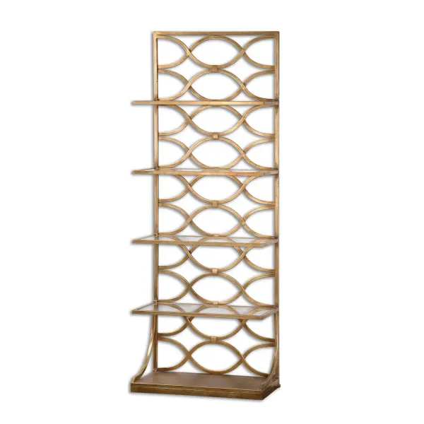 Featuring A Graceful Forged Iron Fretwork Back, This Freestanding Etagere Is Finished In A Lustrous Gold Leaf Finish With Four Tempered Glass Shelves. Collection: Lashaya Designer: Grace Feyock Finish: Gold Leaf Width: 30.00" Height: 80.00" Length: 12.75" Weight: 57.00 lb Material: Iron, Tempered Glass Country of Origin: China Safety Rating: Indoor Only