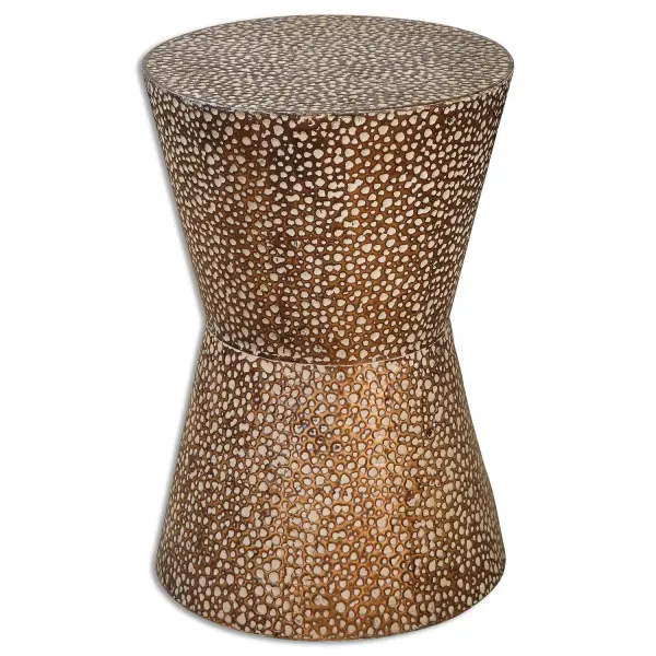 Hammered Metal, Drum Shaped, Accent Table In Antiqued, Copper Bronze With Dusty Stone Glaze. Collection: Cutler Designer: Jim Parsons Finish: Copper Bronze Width: 13.50" Height: 19.88" Length: 13.50" Weight: 4.10 lb Bulb Type: tbn Material: Iron Country of Origin: China Safety Rating: Indoor Only