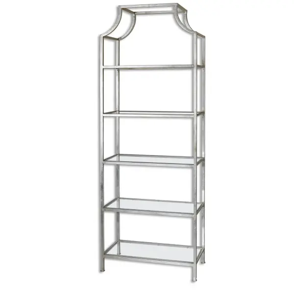 Transitional In Style, This Forged Iron Etagere Features A Bright Silver Leaf Finish With Five Tempered Glass Shelves. Collection: Aurelie Designer: Carolyn Kinder Finish: Silver Leafed Iron w/ Clear Width: 30.00" Height: 83.88" Length: 15.35" Weight: 60.00 lb Bulb Type: tbn Material: Metal, Glass Country of Origin: China Safety Rating: Indoor Only