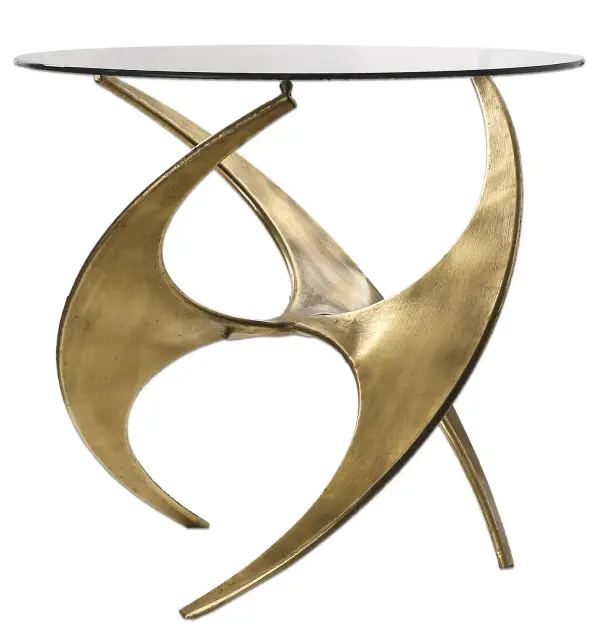 Artfully Sculpted Metal Base In Antique Gold With A Tempered Glass Top. Collection: Graciano Designer: Grace Feyock Finish: Antique Gold Width: 28.00" Height: 26.50" Length: 28.00" Weight: 29.00 lb Material: Iron, Glass Country of Origin: China Safety Rating: Indoor Only