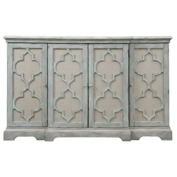 Breakfront Console In Weathered Sea Gray With Ivory Accents. Open-carved Doors Are Backed In Light Tan Linen, Enclosing Three Adjustable Shelves. Collection: Sophie Designer: Jim Parsons Finish: Grey w/Ivory Width: 60.00" Height: 36.00" Length: 14.00" Weight: 115.00 lb Bulb Type: tbn Material: Alm Veneer & Mdf & Linen Country of Origin: China Safety Rating: Indoor Only