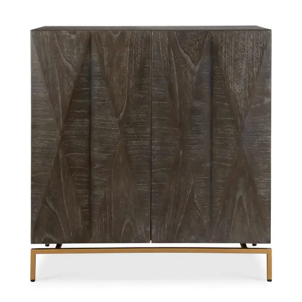 A sculptural storage cabinet blending ebony cerused mindi veneer with a sleek gold-plated base for a bold, contemporary statement piece.