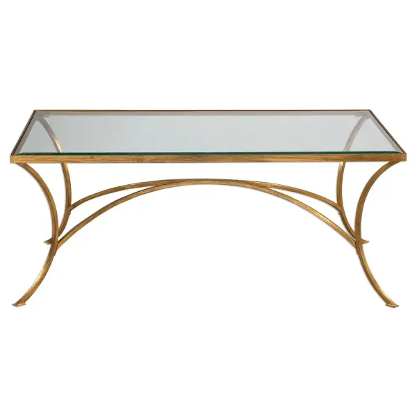 Gracefully Arched Hand Forged Iron Finished In Heavily Antiqued Gold Leaf. Top Is Clear Beveled Tempered Glass. Collection: Alayna Designer: Matthew Williams Finish: Antiqued Gold Leaf Width: 48.13" Height: 19.75" Length: 24.13" Weight: 35.84 lb Material: Iron And Glass Country of Origin: China Safety Rating: Indoor Only