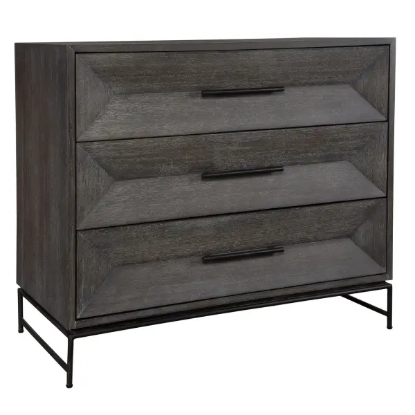 Displaying Balanced Elegance Through Its Three Symmetric Drawers This Chest Is Crafted From Rich Acacia Veneer In Dark Walnut Stain Washed With A Light Gray Glaze. Beautifully Accented By Sturdy Aged Iron Legs And Matching Hardware Pulls. Collection: Knox Designer: Matthew Williams Finish: Aged Iron Width: 36.00" Height: 32.00" Length: 18.00" Weight: 110.00 lb Material: Mdf, Metal, Acacia Veneer Country of Origin: Vietnam Safety Rating: Indoor Only