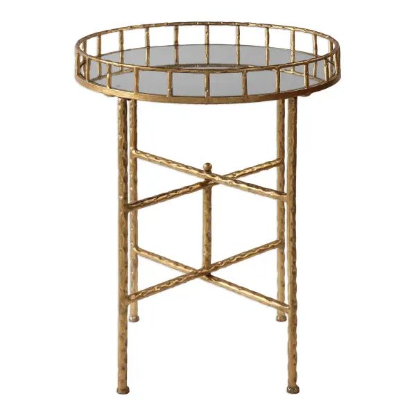 Add A Touch Of Glam With This Accent Table Featuring A Mirrored Tray Styled Top On A Cross Bar Base Finished In Bright Gold Leaf. Collection: Tilly Designer: Jim Parsons Finish: Bright Gold Leaf Width: 19.50" Height: 25.75" Length: 19.50" Weight: 12.00 lb Material: Iron, Mdf, Mirror Country of Origin: China Safety Rating: Indoor Only