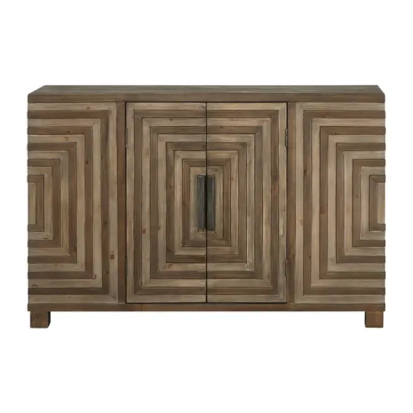 Geometric Parquetry Style Console, With Rustic Two-toned Fir Veneer And Old Iron Bar Pulls. Center Portion Opens To Two Fixed Interior Shelves. Collection: Layton Designer: Carolyn Kinder Finish: Rustic Two Toned Width: 48.50" Height: 33.00" Length: 12.50" Weight: 65.00 lb Material: Mdf, Fir Veneer, Iron Country of Origin: China Safety Rating: Indoor Only