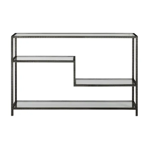 Industrial Inspired Function With Multi-level Display Shelves, Featuring Ribbed Iron Finished In An Aged Gunmetal With A Light Rust Patina. Shelves Are Clear Tempered Glass. Collection: Leo Designer: Grace Feyock Finish: Aged Gunmetal Width: 52.00" Height: 34.00" Length: 12.25" Weight: 59.00 lb Material: Iron, Glass Country of Origin: China Safety Rating: Indoor Only