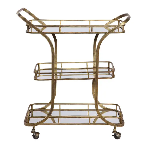 Hand Forged In Solid Iron, This Transitional Bar Cart Features Three Tray Style Mirrored Shelves Finished In Antiqued Gold, Complete With Rolling Casters. Collection: Stassi Designer: David Frisch Finish: Antiqued Gold Width: 31.50" Height: 37.13" Length: 15.25" Weight: 32.00 lb Material: Metal, Mirror Country of Origin: China Safety Rating: Indoor Only