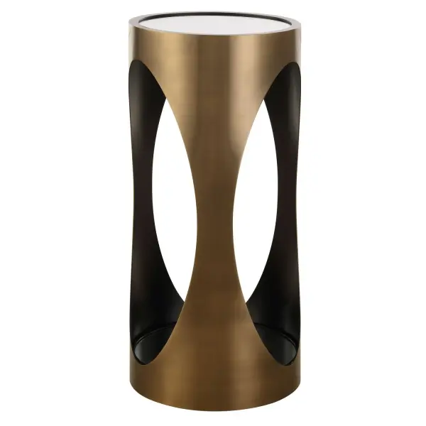 Achille's Mirrored Top Rests On A Sleek Brushed Brass Cylindrical Base Creating A Perfecting Resting Place For Your Favorite Drink Or Accessory. An Additional Mirror In The Base Adds Sculptural Reflection. Collection: Achilles Designer: Carolyn Kinder Finish: Brushed Brass Width: 11.00" Height: 24.00" Length: 11.00" Weight: 14.00 lb Material: Iron, Mirror Country of Origin: China Safety Rating: Indoor Only