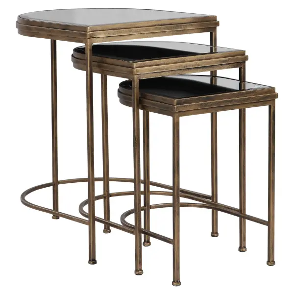Set Of Three Nesting Tables With An Elegantly Curved Hand Forged Iron Frame, Finished In Antique Brushed Gold With Beveled Mirror Tops. Sizes: Sm-13x13x18, Med-15x16x21, Lg-18x19x24 Collection: India Designer: David Frisch Finish: Antique Brushed Gold Width: 19.00" Height: 24.00" Length: 17.75" Weight: 23.80 lb Material: Metal, Mirror Country of Origin: China Safety Rating: Indoor Only