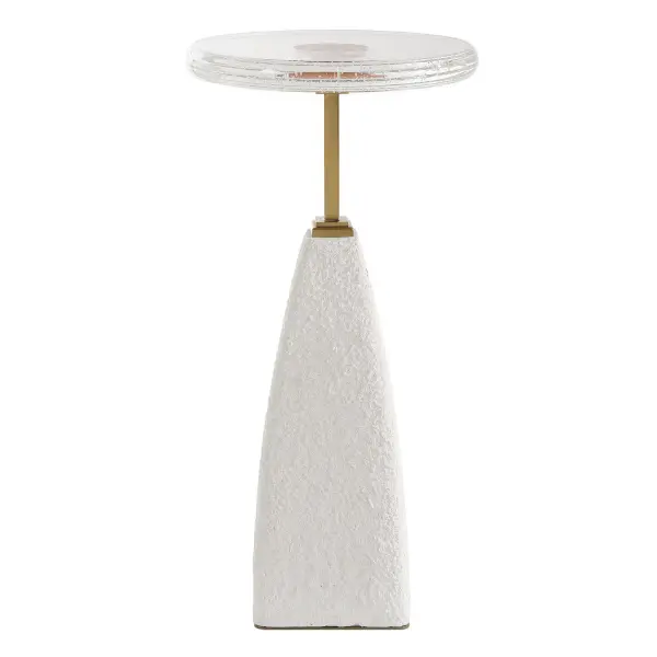 The Sora Drink Table Features A Thick Seeded Glass Top With A Complimenting White Sandstone Base And Brushed Brass Stainless Steel Accents. Collection: Sora Designer: Matthew Williams Finish: Brushed Brass Width: 12.00" Height: 24.00" Length: 12.00" Weight: 38.50 lb Material: Steel, Sandstone, Glass Country of Origin: China Safety Rating: Indoor Only