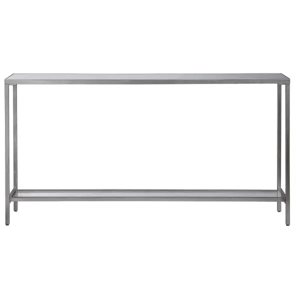 Classic And Minimalistic, This Narrow Iron Console Table Is Finished With Lightly Antiqued Silver Leaf, Inset With A Beveled Mirrored Top, And Gallery Shelf In Clear Glass. Collection: Hayley Designer: Grace Feyock Finish: Antiqued Silver Leaf Width: 60.00" Height: 31.00" Length: 10.00" Weight: 31.00 lb Material: Mirror, Steel, Mdf Country of Origin: Cambodia Safety Rating: Indoor Only