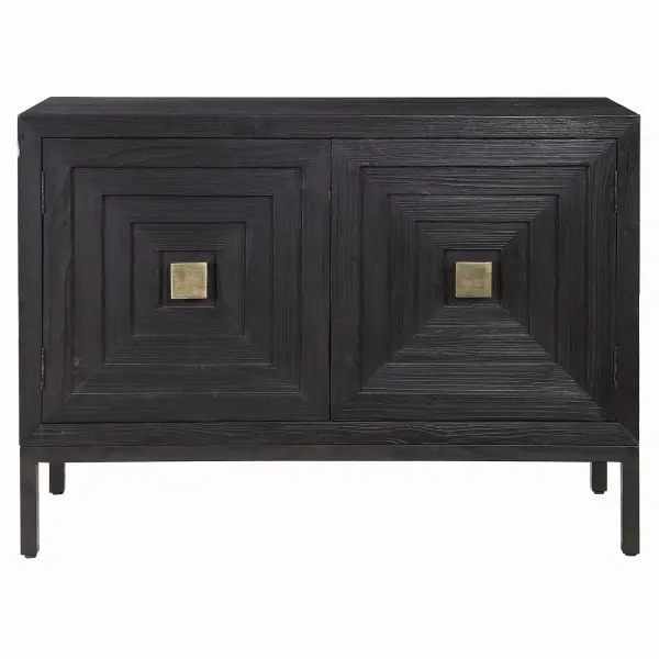 A Contemporary Geometric Two Door Accent Cabinet, Constructed From Deeply Grained Fir Wood Finished In A Dark Ebony Stain, Accented With Brushed Brass Hardware. Has One Fixed Interior Shelf. Collection: Aiken Designer: Renee Wightman Finish: Brushed Brass Width: 43.25" Height: 31.13" Length: 16.00" Weight: 46.30 lb Material: Pine, Iron, Mdf Country of Origin: Vietnam Safety Rating: Indoor Only