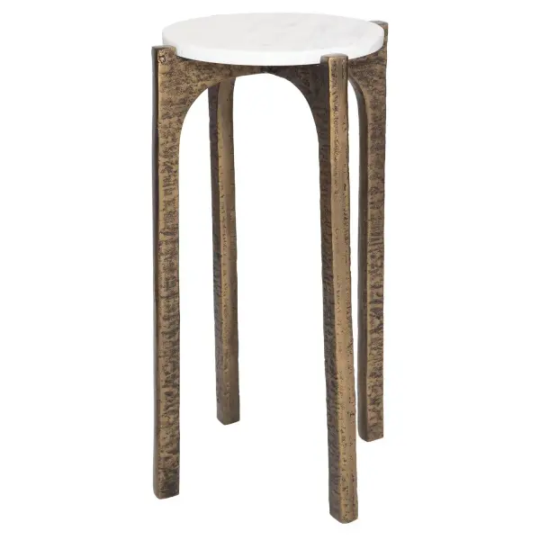 A small-scale drink table pairing an antique brass cast aluminum base with a natural marble top, bringing understated elegance to tight spaces beside a chair or sofa.