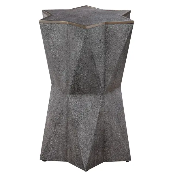 Unique Star Shaped Accent Table Features A Charcoal Gray Faux Shagreen Wrap, Accented With A Hand Applied Gold Leaf Trim. Collection: Capella Designer: Matthew Williams Finish: Charcoal Gray Width: 16.00" Height: 22.00" Length: 16.00" Weight: 19.00 lb Material: Mdf And Pu Fabric Country of Origin: China Safety Rating: Indoor Only