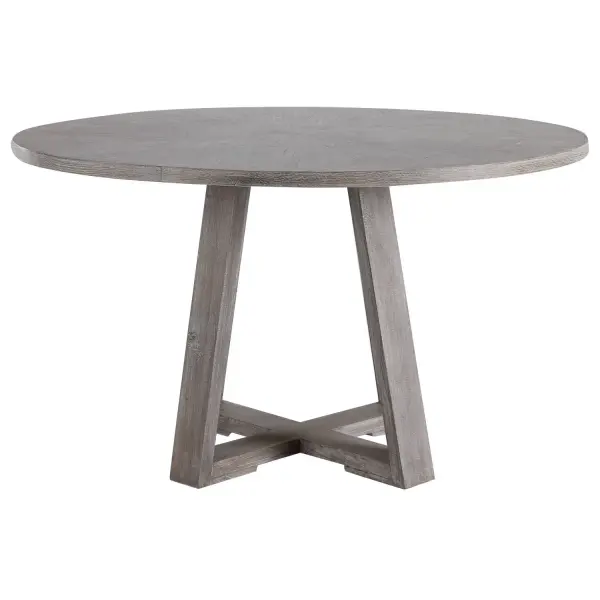 With Clean Casual Styling, This Dining Table Features A Richly Grained Oak Veneer Inlaid Top Finished In A Soft Gray With Hints Of Brown Undertones, Atop A Sturdy Elm Wood Trestle Base. Solid Wood Will Continue To Move With Temperature And Humidity Changes, Which Can Result In Cracks And Uneven Surfaces, Adding To Its Authenticity And Character. Collection: Gidran Designer: Jim Parsons Finish: Soft Gray Width: 52.00" Height: 29.90" Length: 52.00" Weight: 94.80 lb Material: Elm, Oak, Oak Veneer, Plywood, Iron Country of Origin: China Safety Rating: Indoor Only