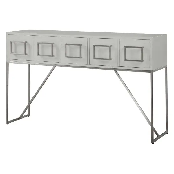 Clean Contemporary Styling, Featuring Oak Veneer Finished In A Soft White With Light Gray Distressing. Accented With Statement Hardware In Brushed Nickel Stainless Steel With A Coordinating Base. Has Two Double Drawers And One Single Drawer In The Center. Collection: Abaya Designer: Matthew Williams Finish: Soft White With Light Gray Width: 54.00" Height: 32.00" Length: 14.00" Weight: 62.98 lb Material: Mdf, Stainless Steel, Oak Veneer Country of Origin: China Safety Rating: Indoor Only