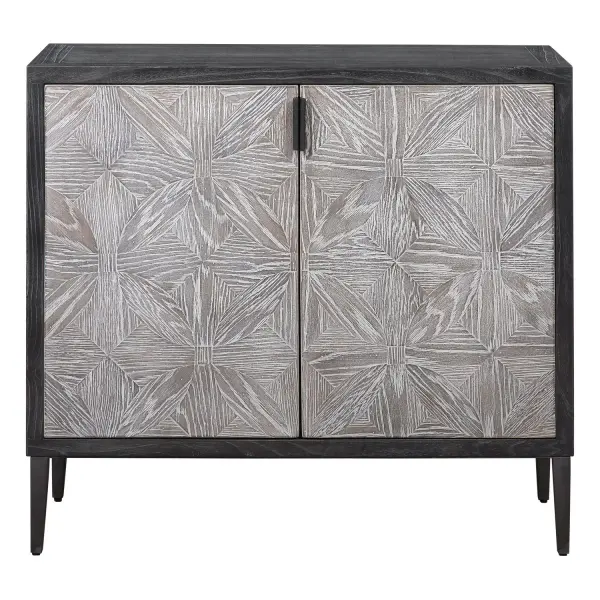 Showcasing A Modern Lodge Style, This Two Door Cabinet Features Hand Pieced Mosaic Doors In Oak Veneer Finished In Light Gray, With A Contrasting Elm Veneer Case Finished In Deep Black With Light Gray Glazing. Accented With Solid Iron Hardware And Legs In Aged Black. Has One Fixed Interior Shelf. Collection: Laurentia Designer: Jim Parsons Finish: Light Gray Width: 36.60" Height: 33.90" Length: 14.00" Weight: 59.50 lb Material: Elm & Elm(Venner) & Oak(Venner) & Iron & Plywood Country of Origin: China Safety Rating: Indoor Only