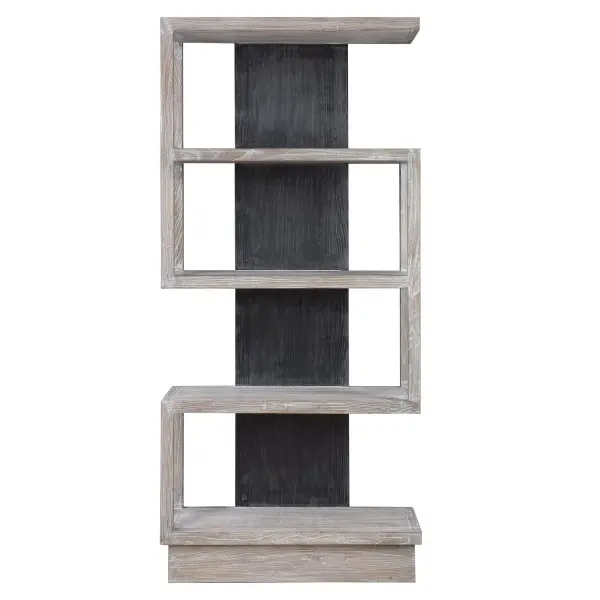 The Dramatic Contrast Of This Asymmetrical Etagere Gives An Updated Contemporary Feel, Featuring Elm Veneer Shelving Finished In Light Gray, Accented With A Deep Black Recessed Panel With A Light Gray Glazing. Collection: Nicasia Designer: Jim Parsons Finish: Light Gray Width: 36.00" Height: 79.90" Length: 17.30" Weight: 99.20 lb Material: Elm & Elm(Venner) & Plywood Country of Origin: China Safety Rating: Indoor Only