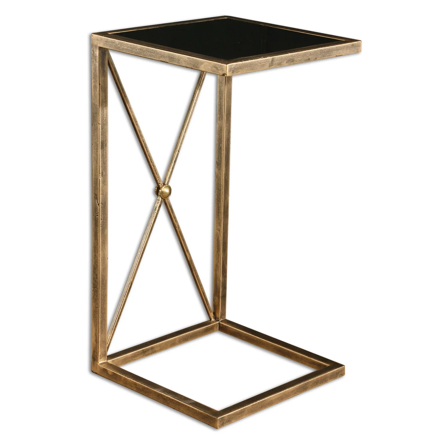 Zafina Side Table in Antiqued Gold with Black Glass