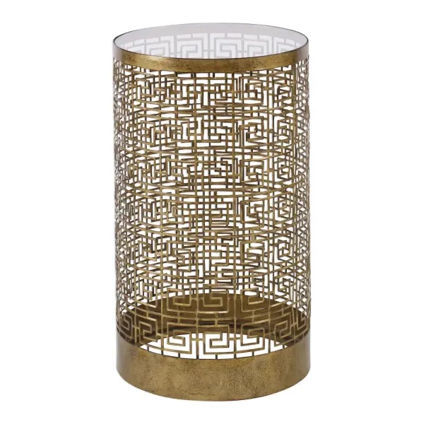 Greek Key Inspired Elements Elevate This Slender Drum Table Design In Lightly Antiqued Gold Finished Iron, Topped With Clear Glass. Collection: Algernon Finish: Antiqued Gold Width: 13.50" Height: 24.00" Length: 13.50" Weight: 10.00 lb Material: Iron, Glass Country of Origin: India Safety Rating: Indoor Only