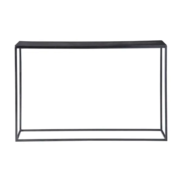 Simplistic Industrial Style Console Table, Constructed In An Aged Black Iron Featuring A Cast Textured Aluminum Slab Top Finished In A Plated Antique Bronze. Collection: Coreene Finish: Aged Black Iron Width: 46.50" Height: 30.00" Length: 12.00" Weight: 26.00 lb Material: Aluminum, Iron Country of Origin: India Safety Rating: Indoor Only