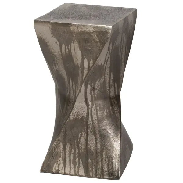 Featuring A Unique Twisted Hourglass Shape, This Cast Textured Aluminum Table Is Finished In A Heavily Tarnished Silver With Oxidized Distressing Details. Collection: Euphrates Finish: Tarnished Silver Width: 10.00" Height: 19.00" Length: 10.00" Weight: 12.00 lb Material: Aluminum Country of Origin: India Safety Rating: Indoor Only