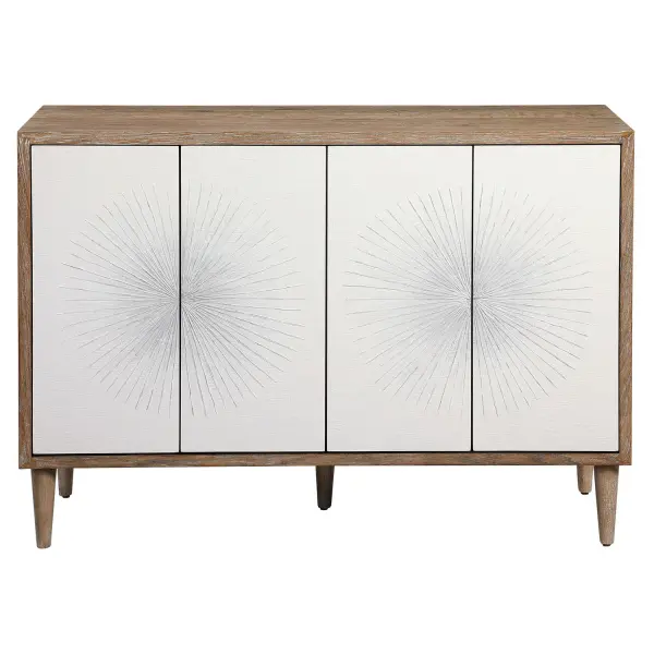 Showcasing Hints Of Scandinavian Design, This Four Door Accent Cabinet Provides A Functional Storage Piece With Versatile Style. Featuring Matte White Textured Doors With A Striking Starburst Design With Ombre Gray Centers. The Case Is Layered In Naturally Finished Oak Veneer With Wire Brushed Details, Set On Tapered Legs. Each Side Opens To Reveal Two Adjustable Shelves. Collection: Dani Finish: Matte White Width: 48.00" Height: 34.13" Length: 18.00" Weight: 137.00 lb Material: Rubber Wood, Plywood, Mdf, Pe, Oak Veneer Country of Origin: Vietnam Safety Rating: Indoor Only