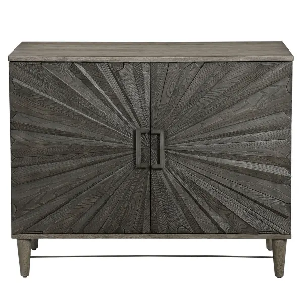 Inspired By Global Bohemian Style, This Two Door Cabinet Features A Striking 3-dimensional Starburst Design, Finished In A Dark Ebony Oak Veneer. The Contrasting Solid Wood Case Is Finished In A Gray Oak Stain, Accented By Steel Hardware And Accent Stretcher Finished In Aged Gunmetal. The Pair Of Soft Close Doors Open To Reveal Two Sections Each With Two Adjustable Shelves And Wire Management. Collection: Shield Finish: Dark Ebony Oak Width: 40.00" Height: 32.00" Length: 18.00" Weight: 154.00 lb Material: Rubber Wood, Oak Veneer, Mdf, Particle Board, Steel Country of Origin: Vietnam Safety Rating: Indoor Only