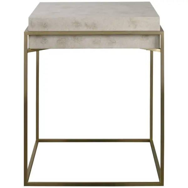 This Clean Modern Accent Table Showcases An Inset Ivory Burl Veneer Top Supported By A Sleek Brushed Brass Plated Stainless Steel Frame. Collection: Inda Designer: Matthew Williams Finish: Brushed Brass Width: 19.00" Height: 24.00" Length: 19.00" Weight: 16.50 lb Material: Mdf, Steel, Veneer Country of Origin: Vietnam Safety Rating: Indoor Only