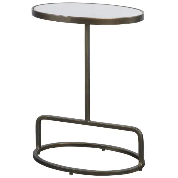 Showcasing A Clean-lined Design, This Accent Table Features An Inset Oval-shaped Honed White Marble Top, Supported With A Hand Forged Iron Base Finished In Antiqued Brushed Gold. True To The Nature Of Natural Materials, Each Piece Will Have Unique Marbling And Veining Throughout. Collection: Jessenia Designer: Matthew Williams Finish: Antiqued Brushed Gold Width: 18.00" Height: 23.00" Length: 12.00" Weight: 24.00 lb Material: Marble, Metal Country of Origin: India Safety Rating: Indoor Only