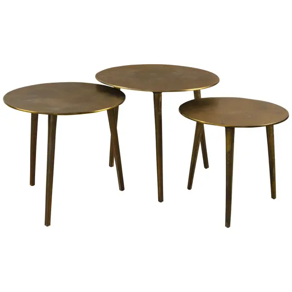 Set Of Three Nesting Coffee Tables Are Made From Cast Aluminum With Noticeable Texture And Are Finished In Oxidized Antique Gold. Varying Heights Offer Unique Display Opportunities. Sizes: Sm-14x14x14, Med-16x15x16, Lg-18x17x18 Collection: Kasai Finish: Oxidized Antique Gold Width: 18.00" Height: 16.50" Length: 18.00" Weight: 22.00 lb Material: Aluminum Country of Origin: India Safety Rating: Indoor Only