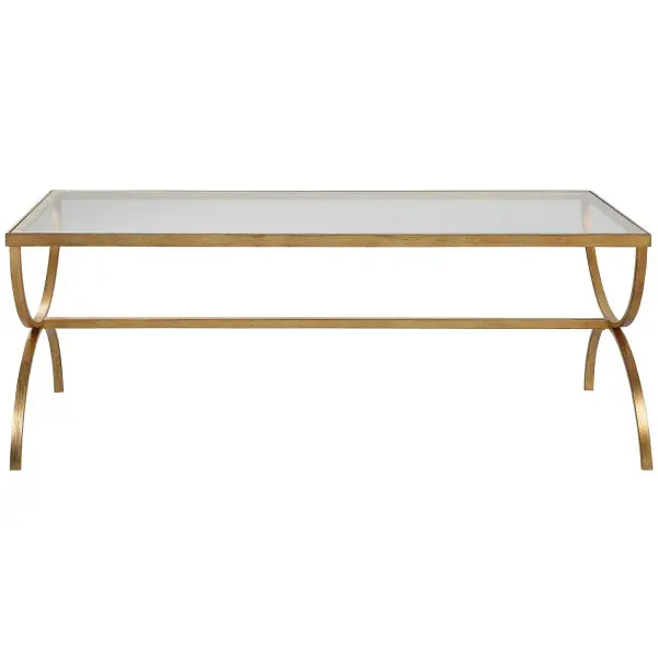Traditionally Inspired, This Coffee Table Showcases Graceful Lines Constructed By Hand Forged Iron In An Antiqued Gold Finish With A Tempered Glass Top. Collection: Crescent Finish: Antiqued Gold Width: 48.00" Height: 18.00" Length: 20.00" Weight: 11.71 lb Material: Iron, Tempered Glass Country of Origin: China Safety Rating: Indoor Only