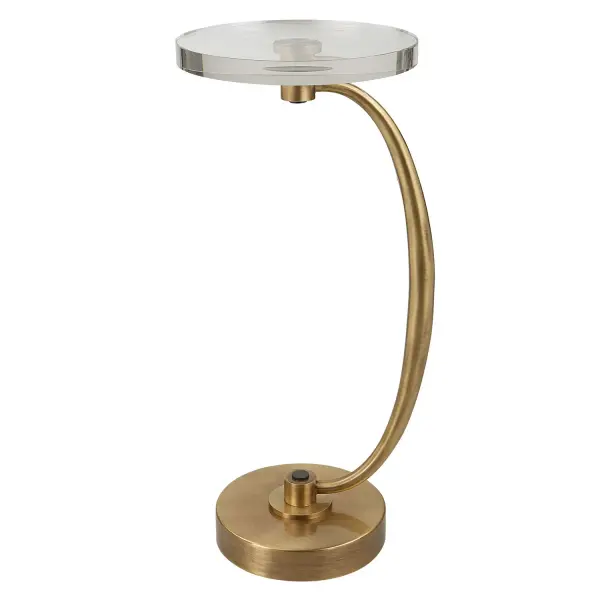 Minimal Yet Sophisticated, The Waveney Drink Table Displays A Sleek Curved Iron Base In Antique Brass With Bronze Accents And A Thick Crystal Top. Collection: Waveney Designer: David Frisch Finish: Antique Brass Width: 11.50" Height: 24.00" Length: 11.50" Weight: 18.00 lb Material: Iron, Crystal Country of Origin: Vietnam Safety Rating: Indoor Only