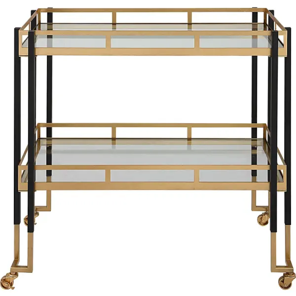 Featuring A Clean Lined Solid Iron Frame, This Contemporary Bar Cart Is Finished In A Two-toned Matte Black And Gold Leaf. Has Two Tempered Glass Shelves, Complete With Rolling And Locking Casters. Collection: Kentmore Designer: Grace Feyock Finish: Matte Black And Brushed Gold Width: 32.88" Height: 32.00" Length: 17.38" Weight: 44.20 lb Material: Iron, Tempered Glass Country of Origin: Vietnam Safety Rating: Indoor Only
