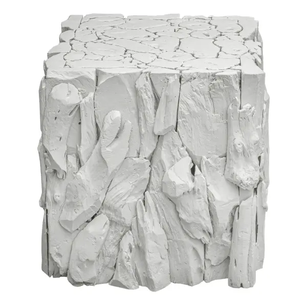 Whitewashed Teak Wood Skillfully Pieced Together Into An Artistic And Precise Sculpture With A Smoothly Sanded Top And Open Bottom, Multiplying Its Use As A Table, Seat, Or Box Planter. Collection: Teak Root Finish: White Width: 16.50" Height: 18.50" Length: 16.50" Weight: 24.00 lb Material: Teak Wood Country of Origin: Indonesia Safety Rating: Indoor Only