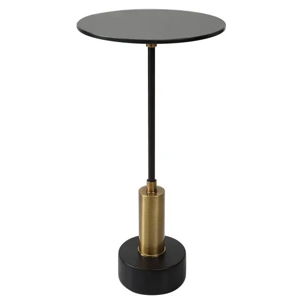 Elegant And Sophisticated, This Round Accent Table Features A Brushed Brass And Satin Black Iron Base With Black Marble Details And A Black Glass Top. Collection: Spector Designer: Carolyn Kinder Finish: Brushed Brass And Satin Black Iron Width: 11.75" Height: 23.75" Length: 11.75" Weight: 14.00 lb Material: Iron, Glass, Marble, Mdf Country of Origin: Vietnam Safety Rating: Indoor Only