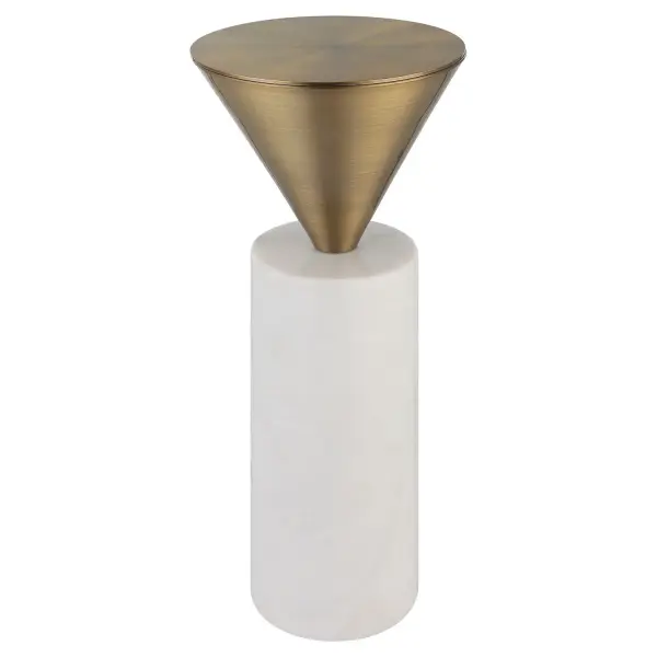 A Juxtaposition Of Modern Shapes, This Stylish Drink Table Features Solid White Marble Paired With A Luxurious Brushed Brass Steel Top. True To The Nature Of Natural Materials, Each Piece Will Have Unique Marbling And Veining Throughout. Collection: Top Hat Designer: David Frisch Finish: Brushed Brass Width: 8.75" Height: 20.25" Length: 8.75" Weight: 33.44 lb Material: Marble, Steel Country of Origin: China Safety Rating: Indoor Only