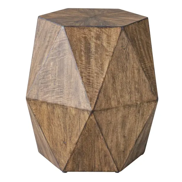 This Unique Geometric Accent Table Features A Sunburst Top In Mango Veneer Finished In Burnished Honey With A Subtle Light Gray Glazing. Collection: Volker Finish: Burnished Honey Width: 18.00" Height: 18.00" Length: 15.60" Weight: 20.00 lb Material: Java Mix Wood, Mdf, And Veneer Country of Origin: Indonesia Safety Rating: Indoor Only