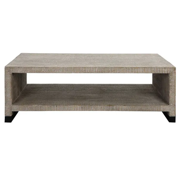 This Casual Coffee Table Provides Ample Display Space And Creates A Rustic Feel With Its Natural Wood Finish And Intricate Carved Details, Highlighted By A White Washed Glaze. Steel Feet Are Finished In A Natural Aged Black. Collection: Bosk Designer: REVELATION DESIGN Finish: Natural Wood Width: 53.88" Height: 18.13" Length: 29.88" Weight: 94.16 lb Material: Pine, Fir, Mdf, Steel Country of Origin: Vietnam Safety Rating: Indoor Only