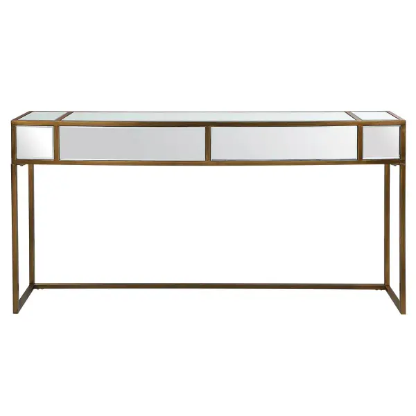 Classic And Sophisticated, The Reflect Console Is Made With A Solid Iron Frame Finished In A Brushed Aged Gold And Mirrored Accents. Collection: Reflect Designer: John Kowalski Finish: Brushed Aged Gold Width: 62.00" Height: 32.00" Length: 14.00" Weight: 47.50 lb Material: Iron, Glass, Mdf Country of Origin: Cambodia Safety Rating: Indoor Only