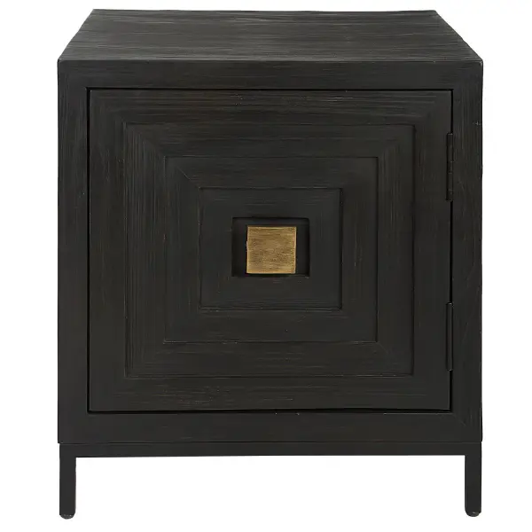 A Contemporary Geometric Accent Cabinet, Constructed From Deeply Grained Fir Wood Finished In A Dark Ebony Stain And Accented With Brushed Brass Hardware. Has One Fixed Interior Shelf. Collection: Aiken Designer: REVELATION DESIGN Finish: Dark Ebony Stain Width: 22.25" Height: 25.50" Length: 20.00" Weight: 34.65 lb Material: Pine, Wood, Steel Country of Origin: Vietnam Safety Rating: Indoor Only