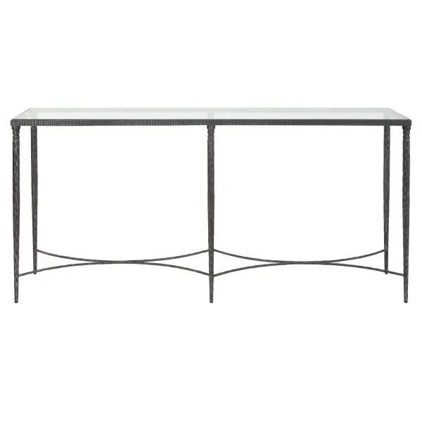 Crafted From Solid Iron, The Washington Console Is Finished In A Natural Rustic Black With Chiseled Details And Aged Distressing. Topped With Clear Tempered Glass. Collection: Washington Designer: Jim Parsons Finish: Natural Rustic Black Width: 63.40" Height: 30.30" Length: 14.20" Weight: 88.40 lb Material: Tempered Glass & Iron Country of Origin: Vietnam Safety Rating: Indoor Only
