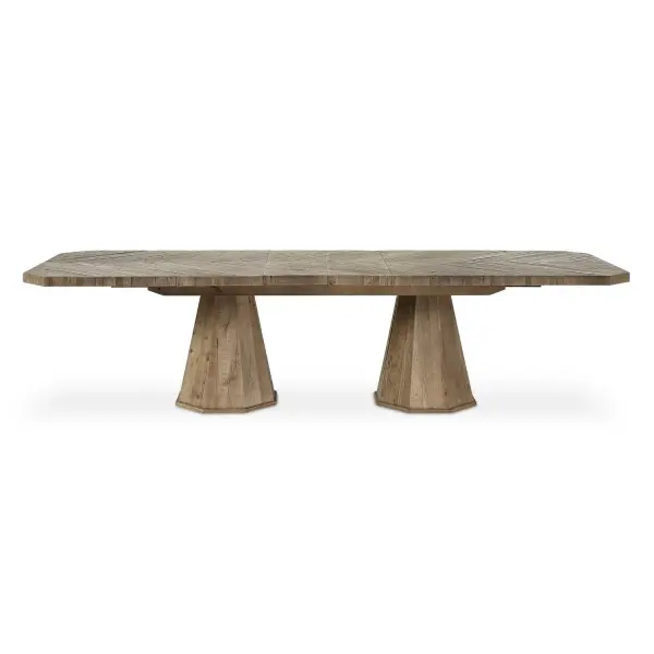 Made From Solid Reclaimed Oak, This Table Features A Beautifully Crafted Herringbone Inlay On The Tabletop, Complemented By Two Striking Geometric Pedestal Bases. The Design Seamlessly Blends Rustic Charm With Contemporary Elegance. Solid Wood Will Continue To Move With Temperature And Humidity Changes, Which Can Result In Cracks And Uneven Surfaces, Adding To Its Authenticity And Character. With Two 12" Leaves, This Fixed Base Extension Dining Table Features An Adjustable Dining Surface That Can Vary From 90", 102", Or 114". Collection: Caledon Designer: Matthew Williams Finish: Oak Width: 114.00" Height: 30.00" Length: 40.00" Weight: 258.00 lb Material: Reclaimed Oak, Plywood Country of Origin: China Safety Rating: Indoor Only