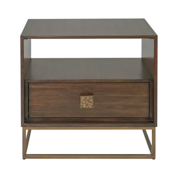 Versatile Function With Modern Styling, Fully Finished In A Dark Walnut Over Walnut Veneer. Features An Open Pass-through For Decorative Storage And A Pull-out Drawer With An Embossed Metal Pull Finished In Antique Brass, Set Atop A Brushed Brass Open Framed Iron Base. Collection: Bexley Designer: Matthew Williams Finish: Antique Brass Width: 25.00" Height: 25.00" Length: 16.00" Weight: 20.00 lb Material: Walnut Veneer, Wood, Metal, Plywood Country of Origin: Vietnam Safety Rating: Indoor Only
