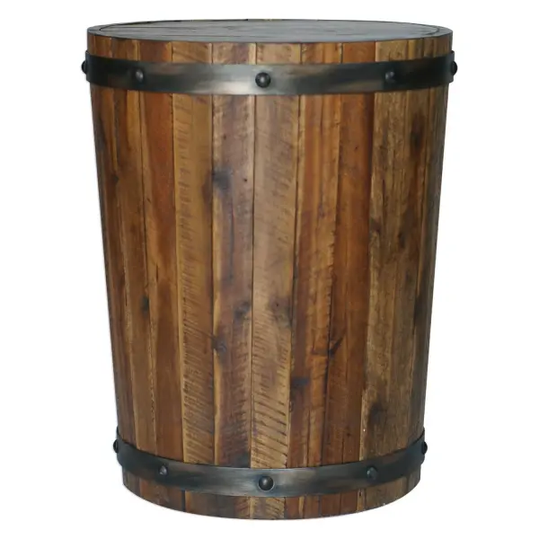 Capturing The Essence Of An Authentic Wine Barrel, This Solid Distressed Acacia Wood Piece Is Finished In A Weathered Walnut Stain, Complete With Iron Sheet Metal Strapping Accented With Riveted Details In A Burnished Brushed Steel. Collection: Ceylon Designer: Matthew Williams Finish: Weathered Walnut Stain Width: 19.00" Height: 24.00" Length: 19.00" Weight: 29.00 lb Material: Acacia, Metal Country of Origin: Vietnam Safety Rating: Indoor Only