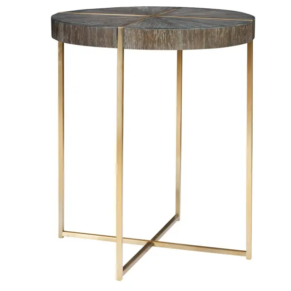 Taja Round Accent Table in Brushed Brass Steel & Acacia Veneer