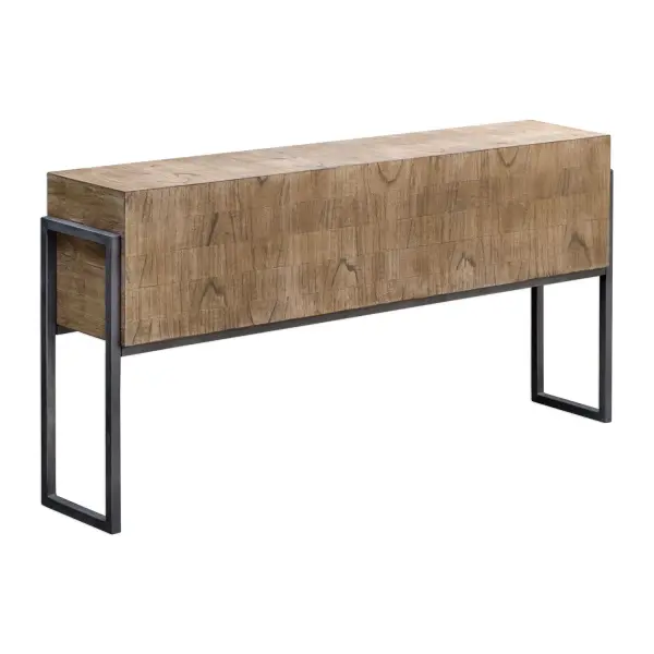 A Clean Contemporary Accent, Featuring Mahogany Solids With Mindi Veneer, Finished In A Hand Applied Light Oatmeal Wash. Veneer Is Applied In A Layered Fashion, Creating The Varying Grain Patterns On The Body, Set Into An Aged Iron Frame. Collection: Nevis Designer: Billy Moon Finish: Aged Iron Width: 60.00" Height: 31.00" Length: 12.00" Weight: 59.40 lb Material: Mdf Carb Phase 2 With Mahogany Wood & Iron Metal Country of Origin: Indonesia Safety Rating: Indoor Only